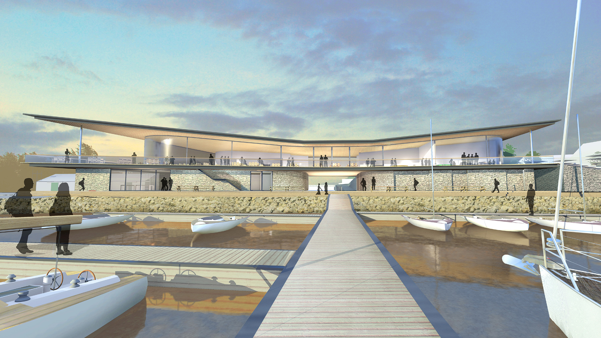 front view concept of yacht club from jetty