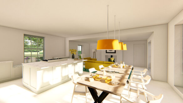 internal visual of minimalistic kitchen dining area in new build
