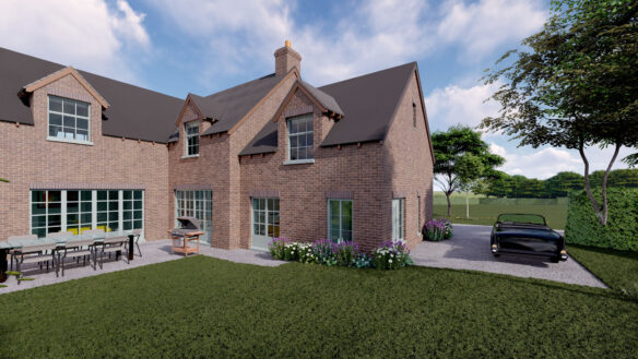 rear and side view visual of new red brick farm house