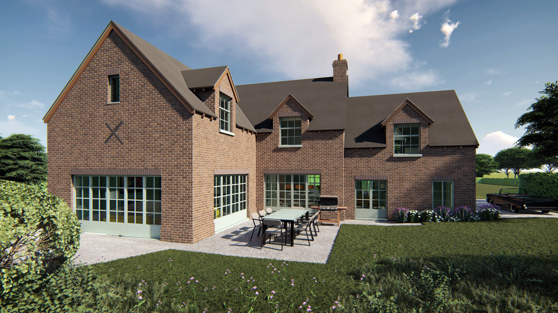 visual of side of new build with farm style red bricks and attractive garden area