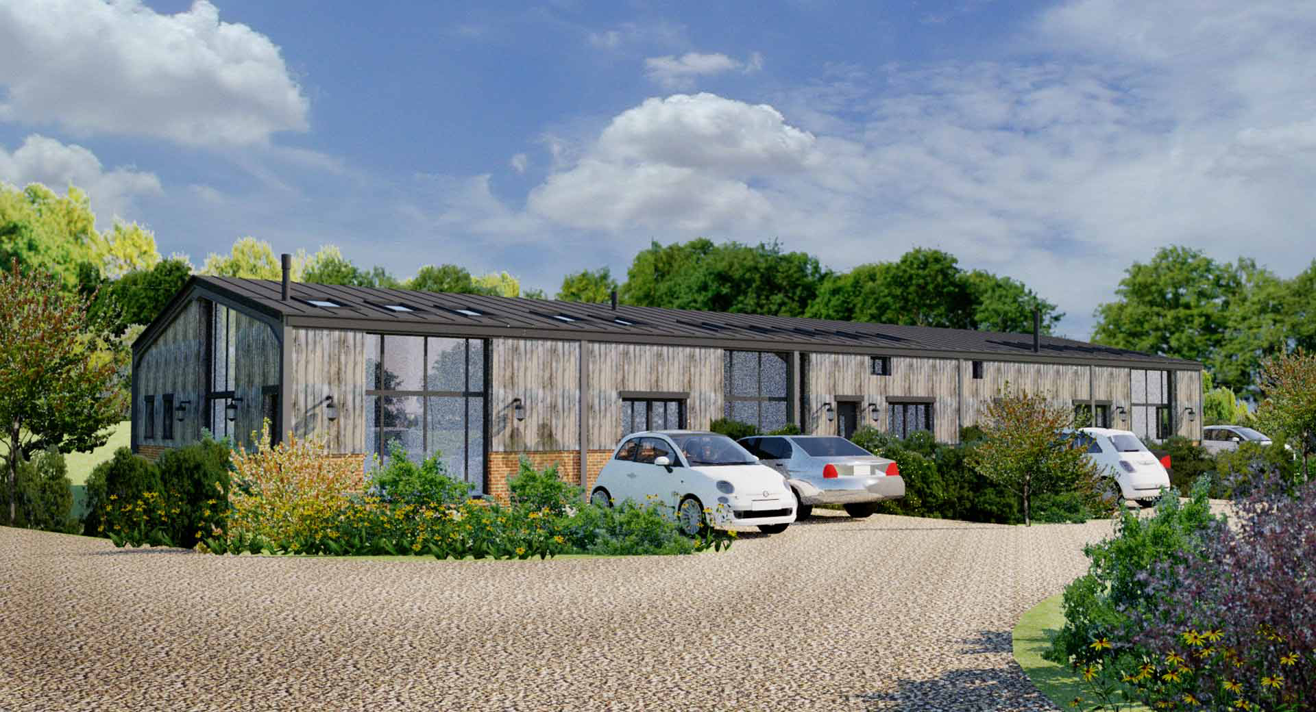 visual of class q barn conversion. Timber clad building