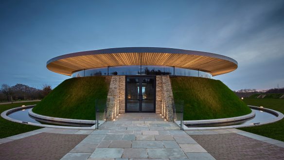 Entrance to contemporary crematorium at dusk