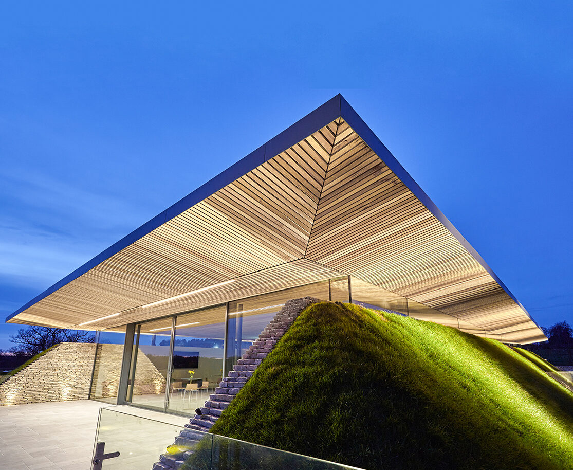 Floating roof lit up at dusk