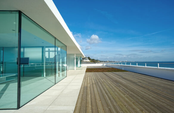 minimalist rooftop pavilion with sea views