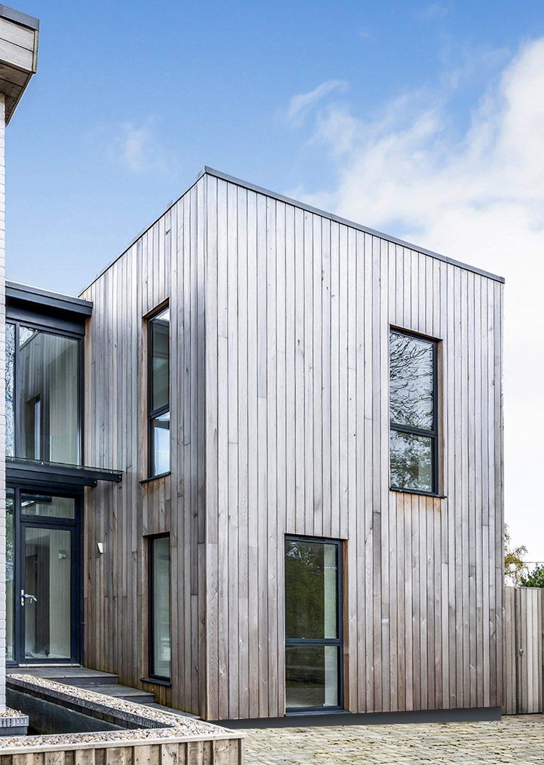 cedar clad contemporary house front entrance