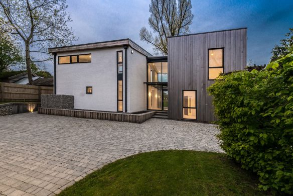 Entrance to contemporary house at dusk