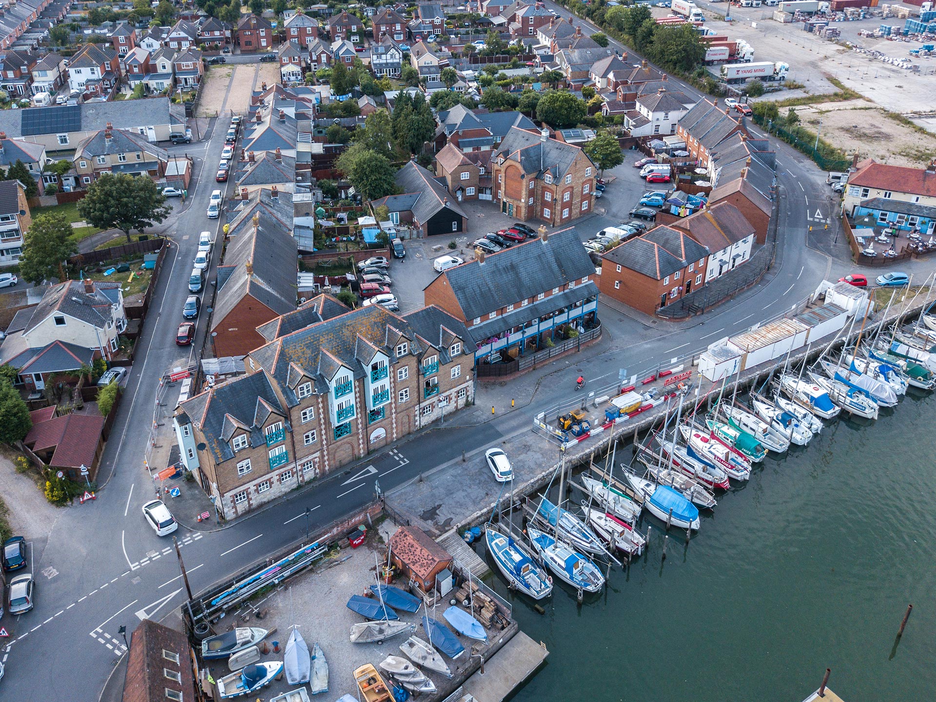 aerial view of historic dockyard and houses