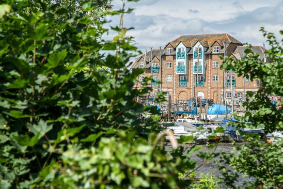 attractive nautical style apartment building with quay in front from behind bushes