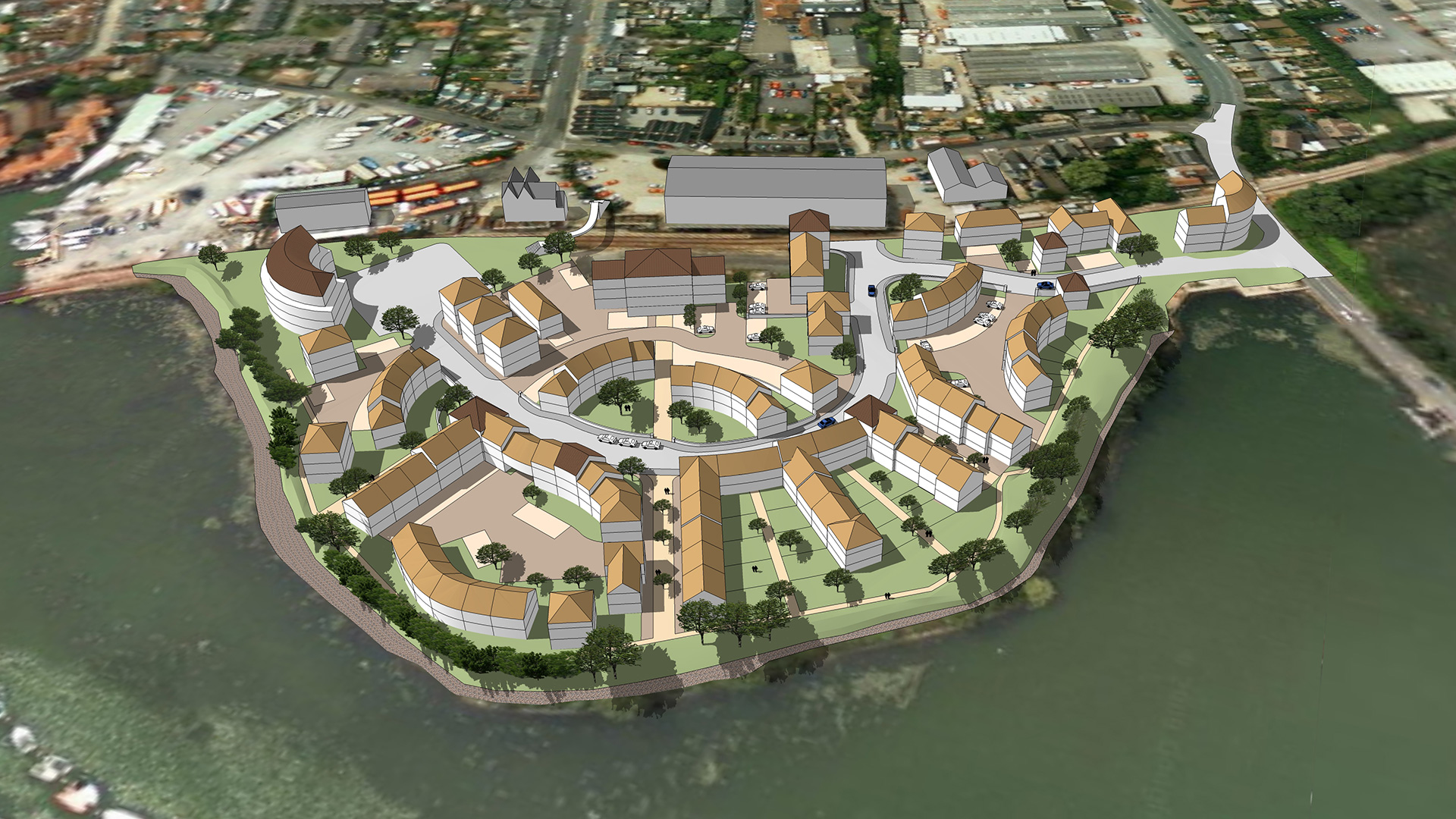 aerial view showing design scheme of housing in Lymington