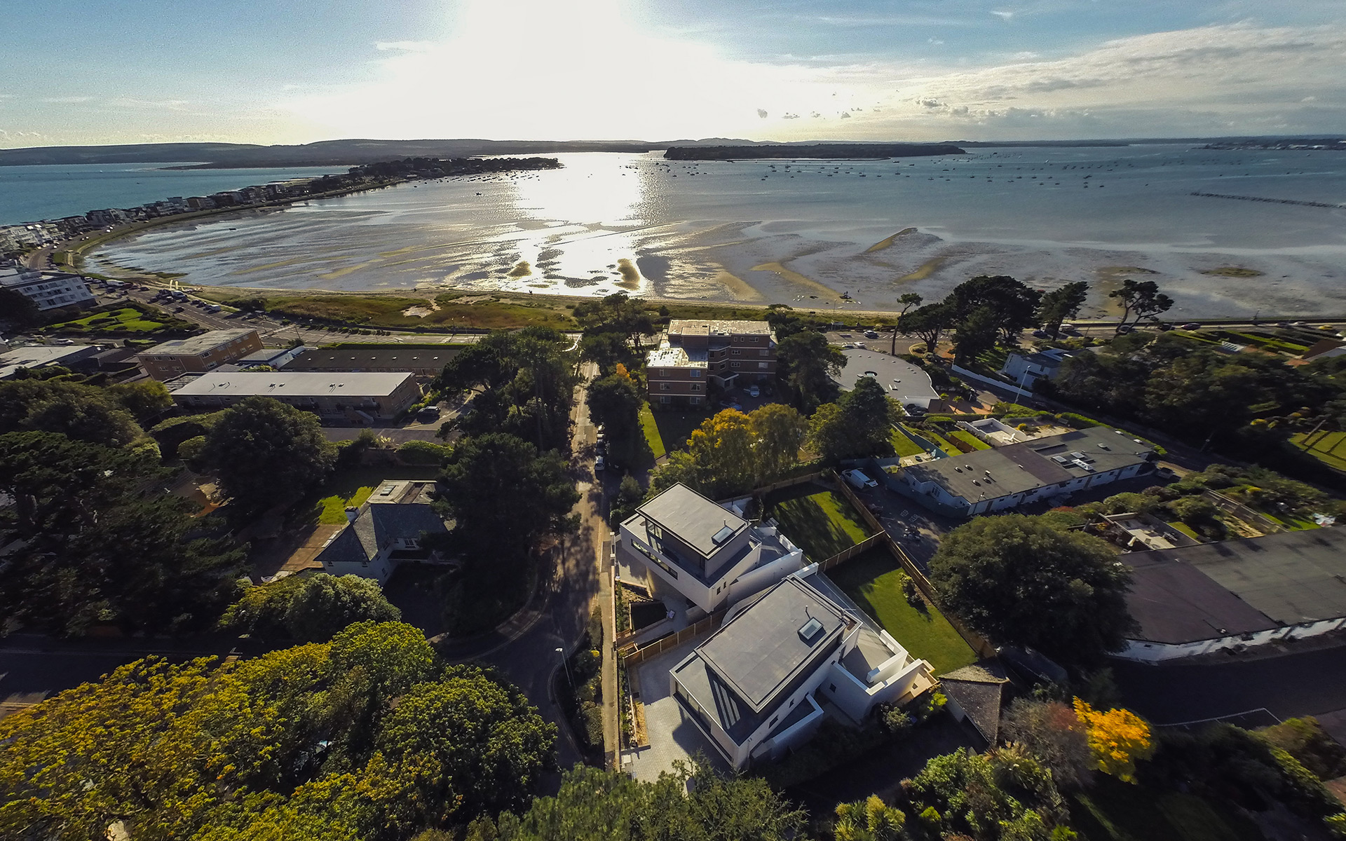 Aerial of houses with sea views at sandbanks