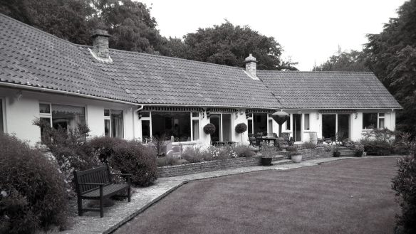 before photo of large bungalow with patio and lawn