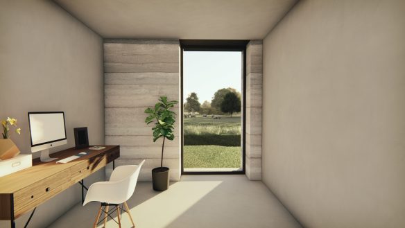 interior of study with floor to ceiling window with countryside view