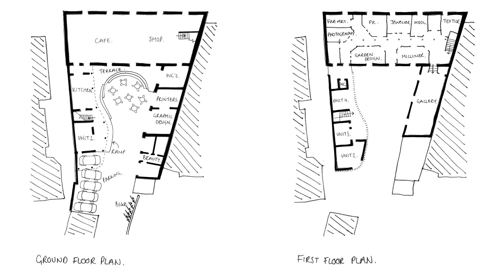 ground and first floorplan sketch of fisherton mill in salisbury