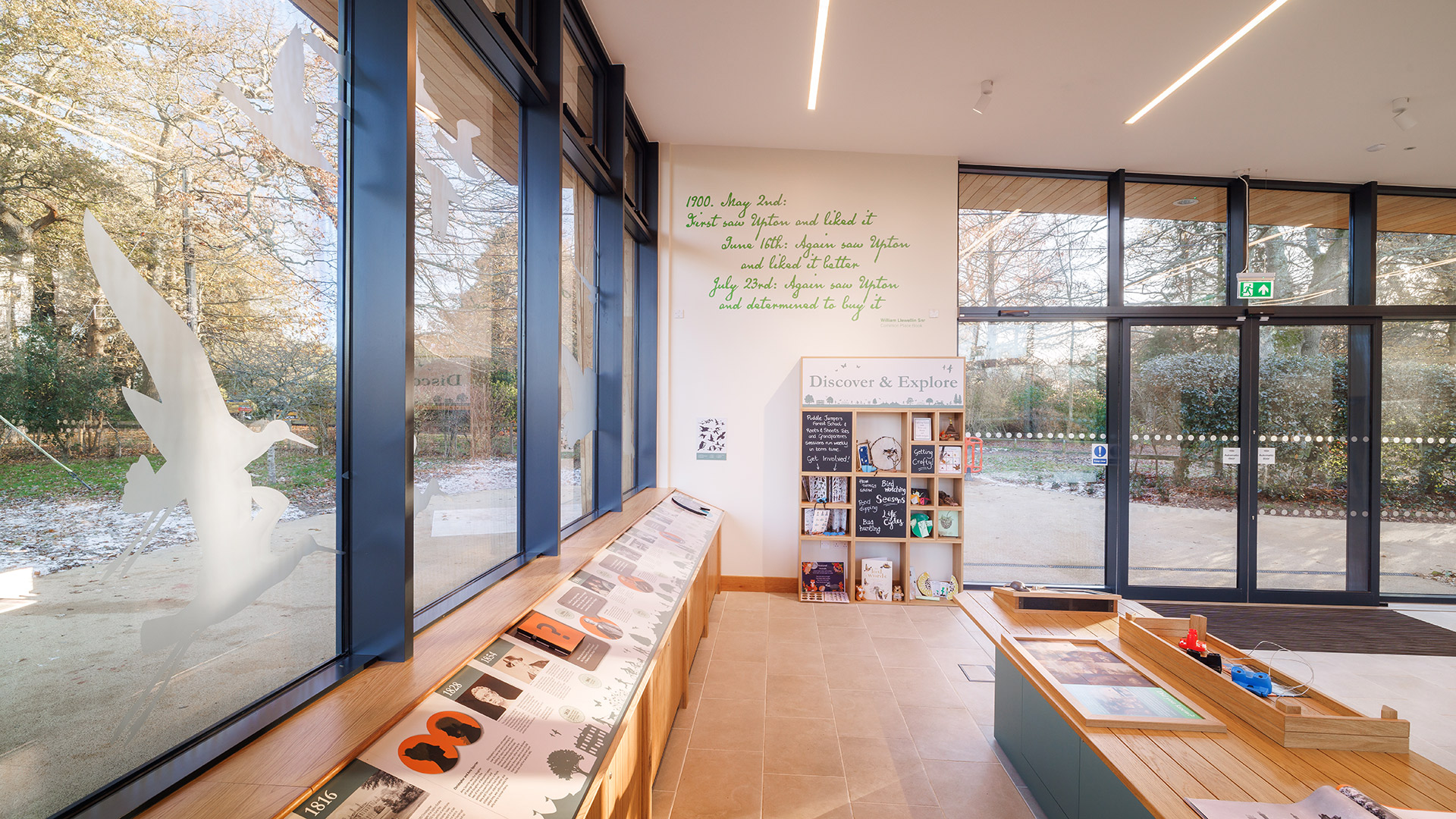 internal corner of information centre with large windows and lovely external views