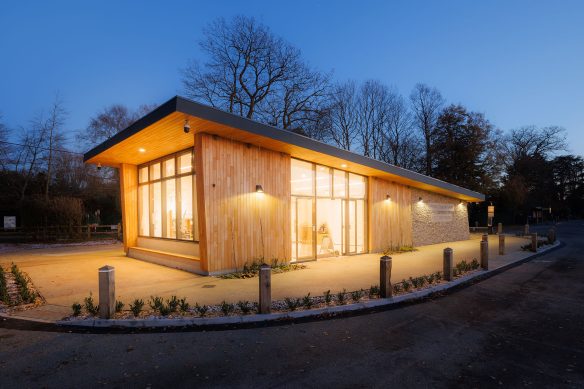 side view of information centre at dusk