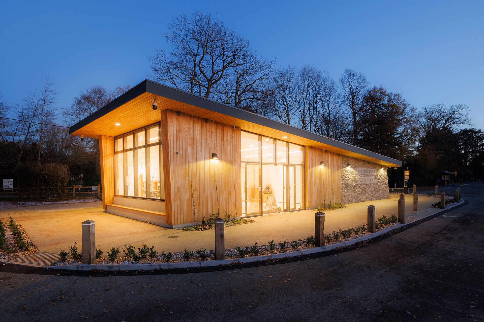 side view of information centre at dusk