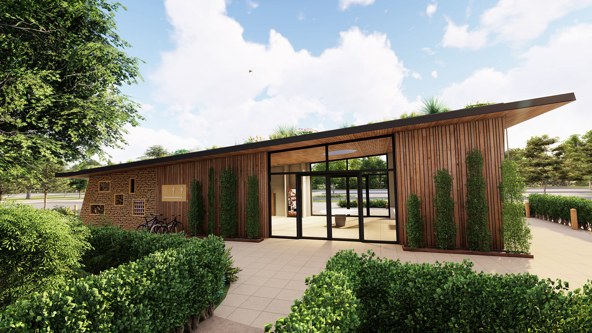 visual of rear of welcome centre with wood cladding