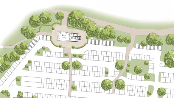 aerial site plan of visitor welcome centre including car park