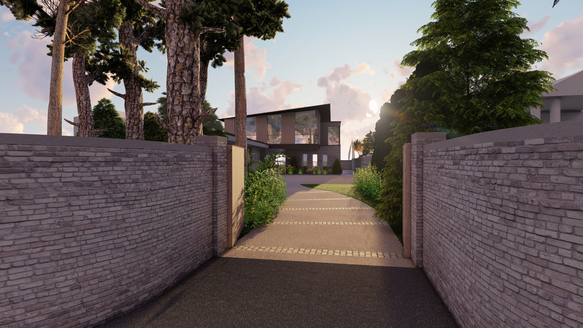 visual of entrance to modern stone and wood clad new build at dusk
