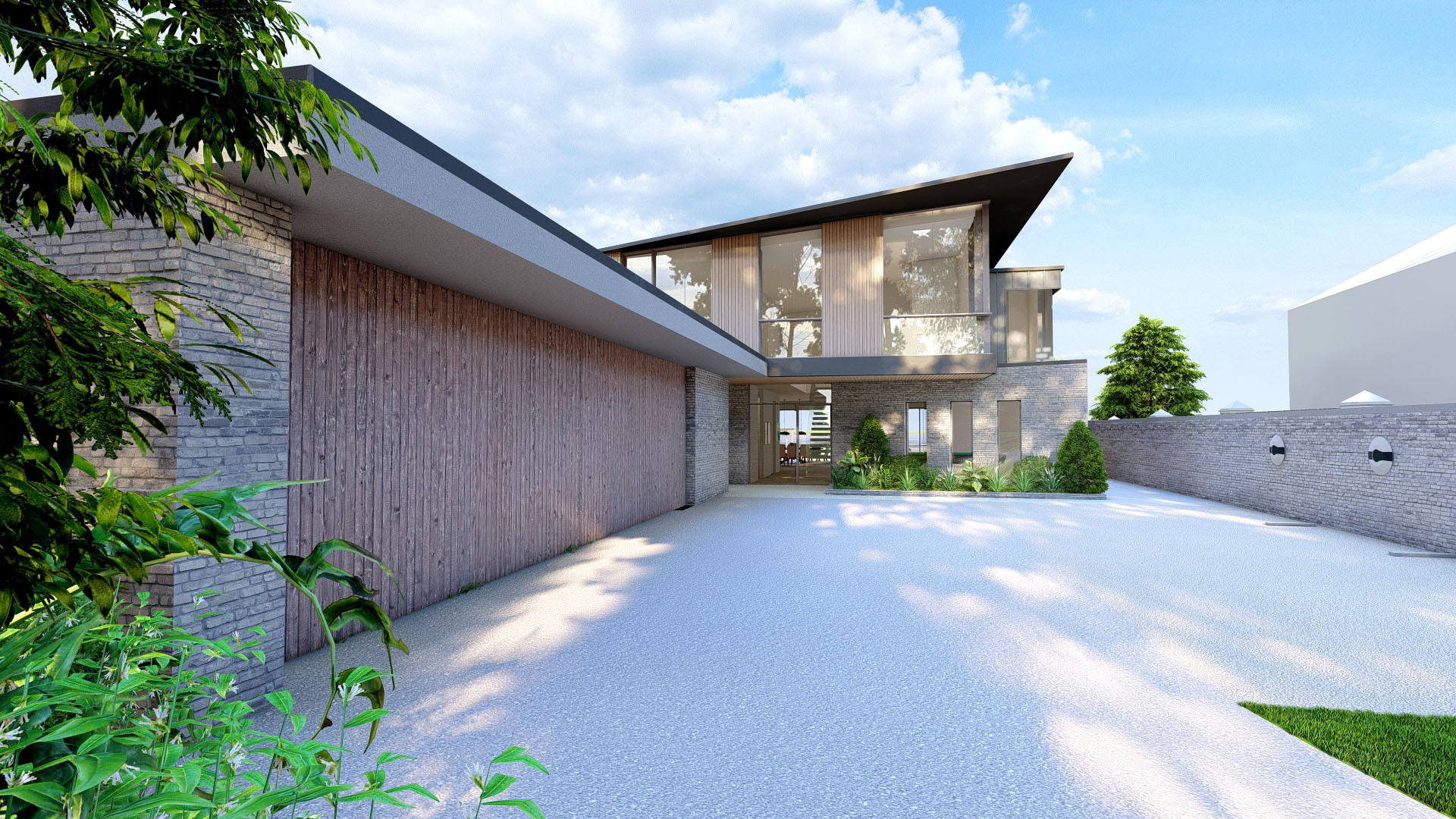 visual of front view of new build with wood cladding, stone walls and a large garage