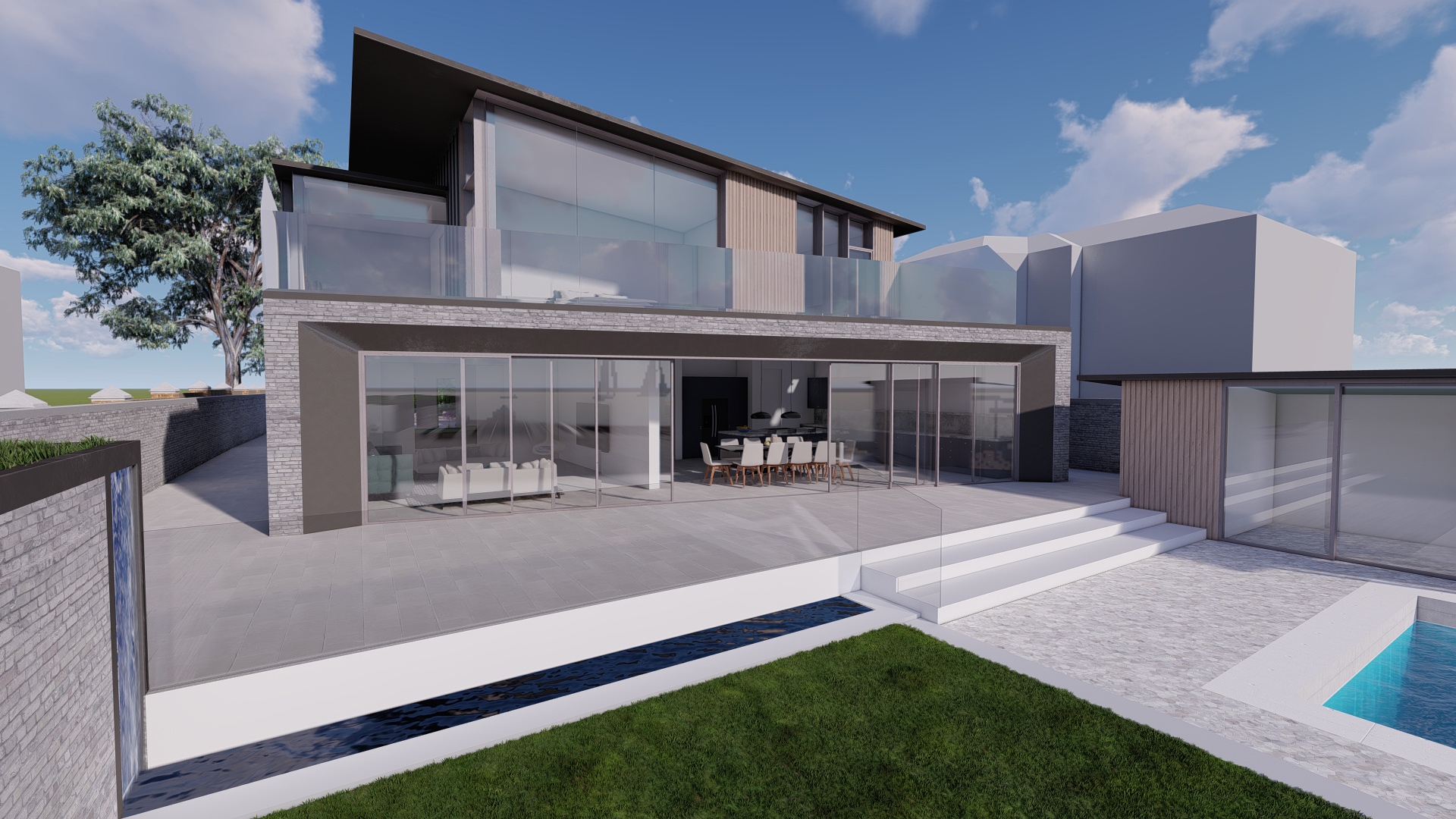 visual rear view of modern new build with outdoor swimming pool and large sliding glass doors on ground floor
