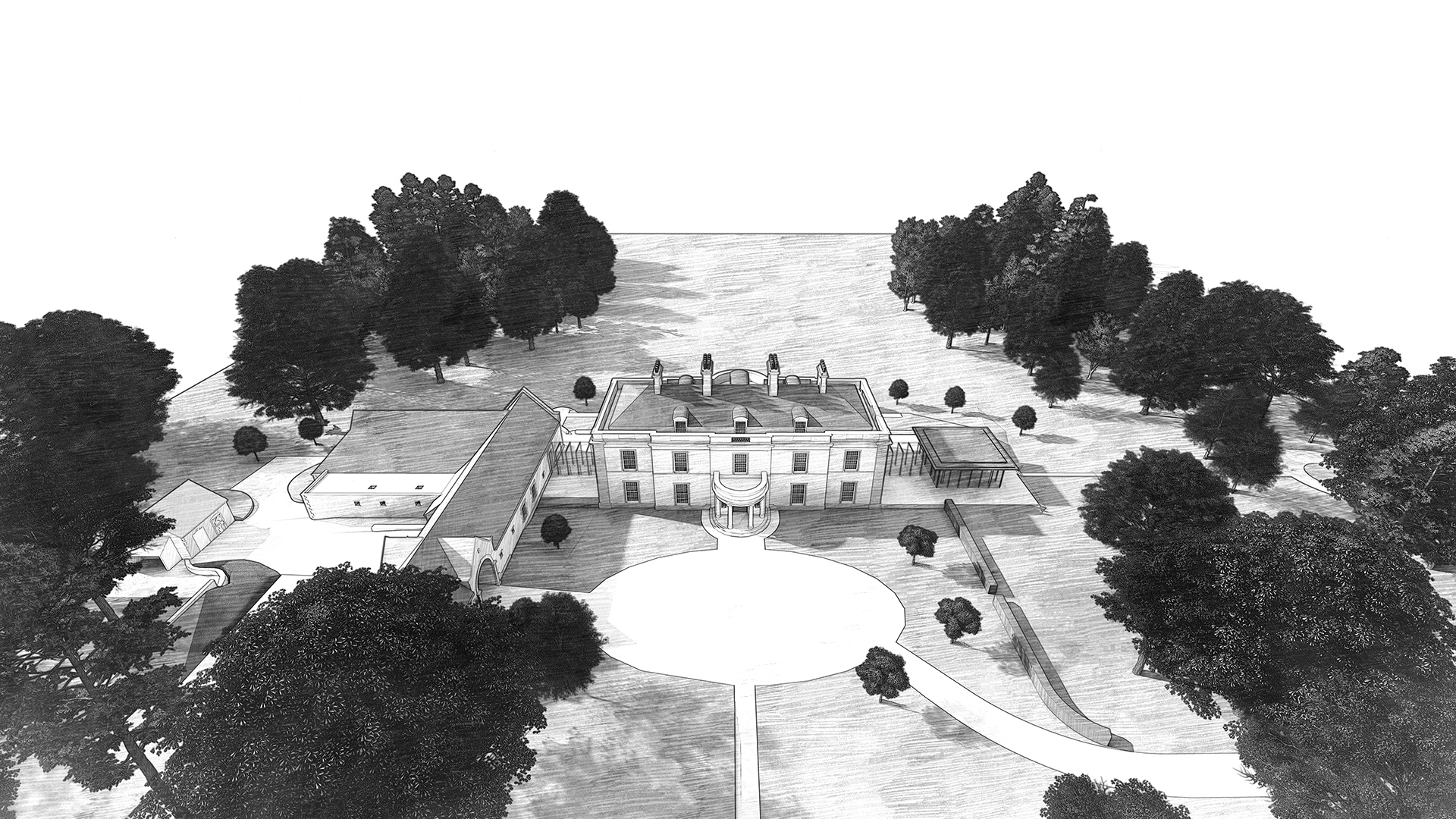 Black and White aerial view visual of new Georgian house