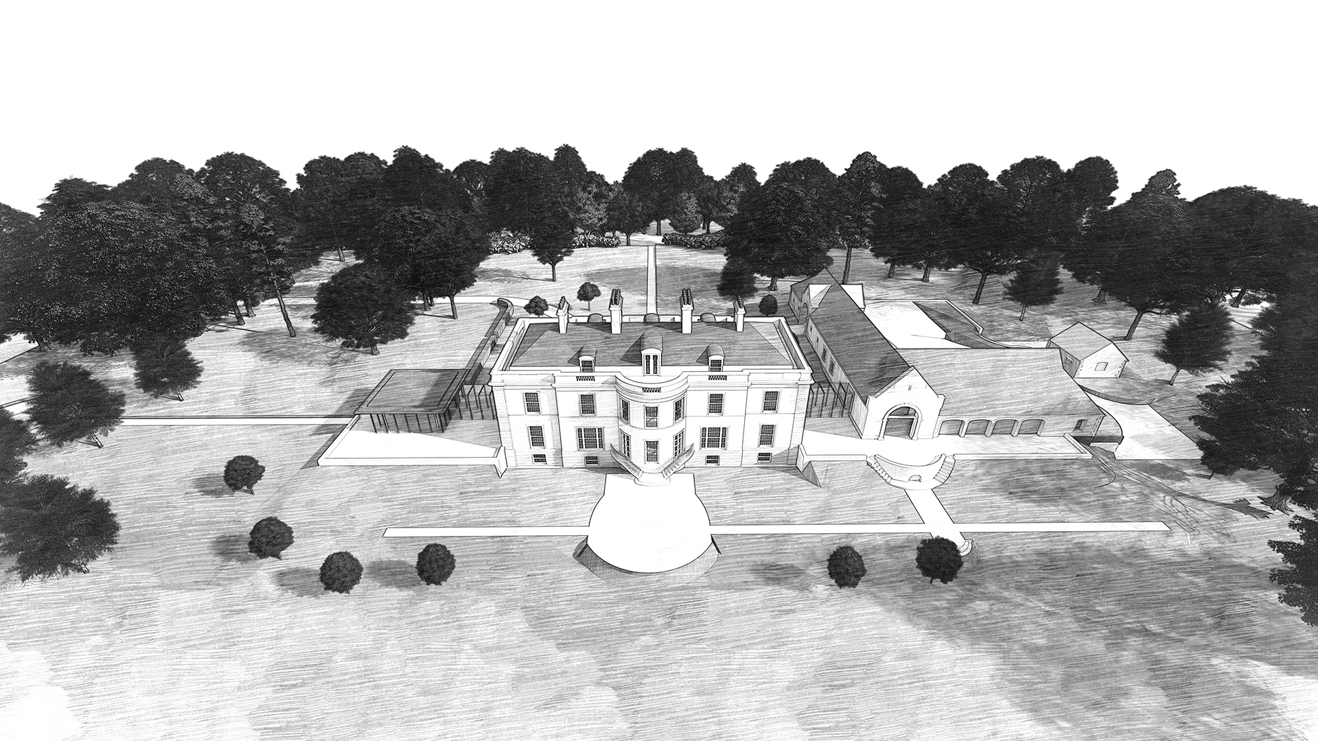 Black and White aerial view visual of new Georgian house