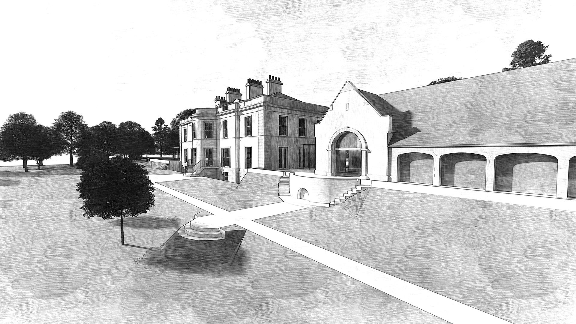 Black and White side view visual of new Georgian house