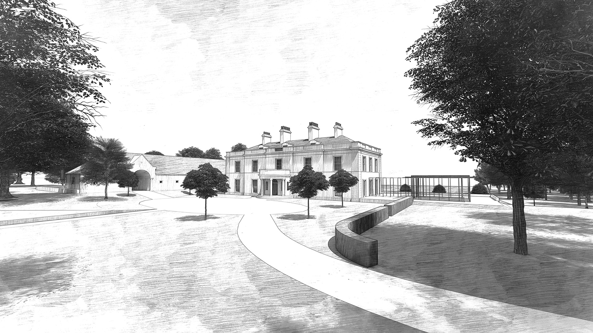 Black and White visual of new Georgian house from distant view