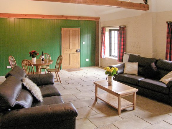 living room interior with green wooden paneled feature wall