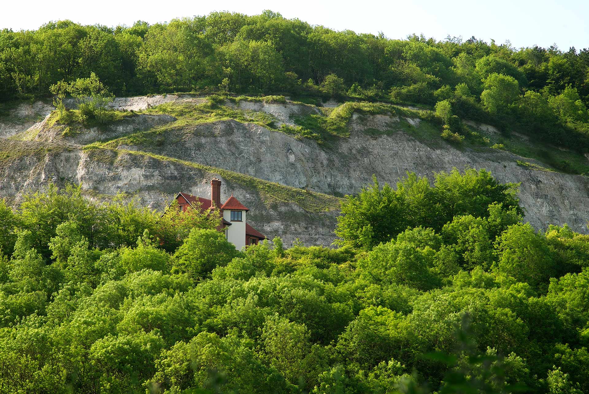 red tiled roof house behind the trees in a quarry