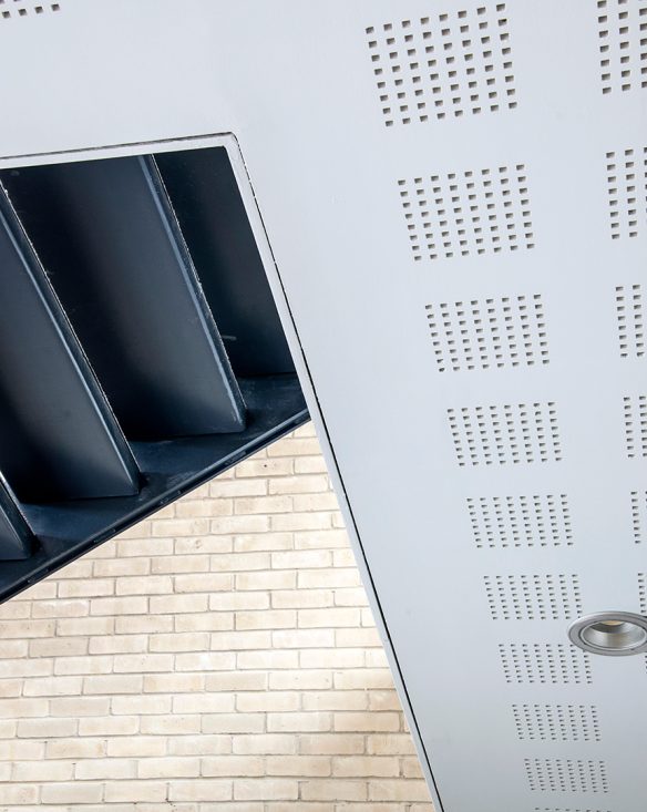 close up of interior stairs and ceiling