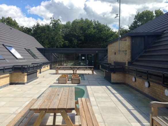 Lovely rooftop outdoor area with picnic benches