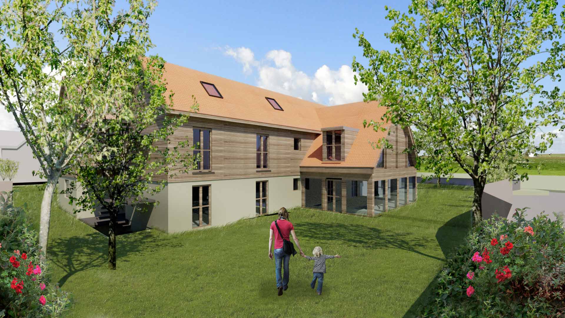 visual from rear of carehome with orange roof and wooden cladding
