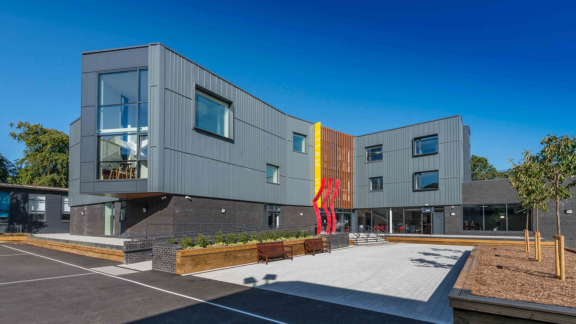 external view of impressive building taken from playground