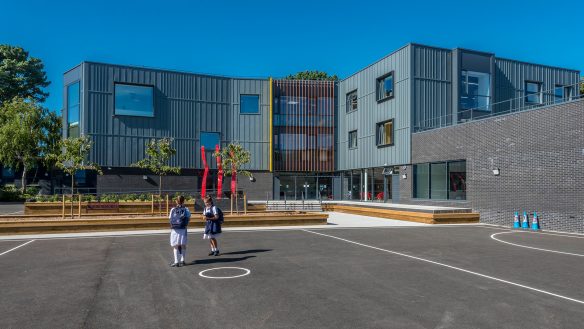 Approach view of new school building