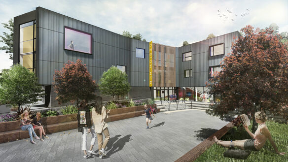 Visual of Talbot Heath School new building from external seating area