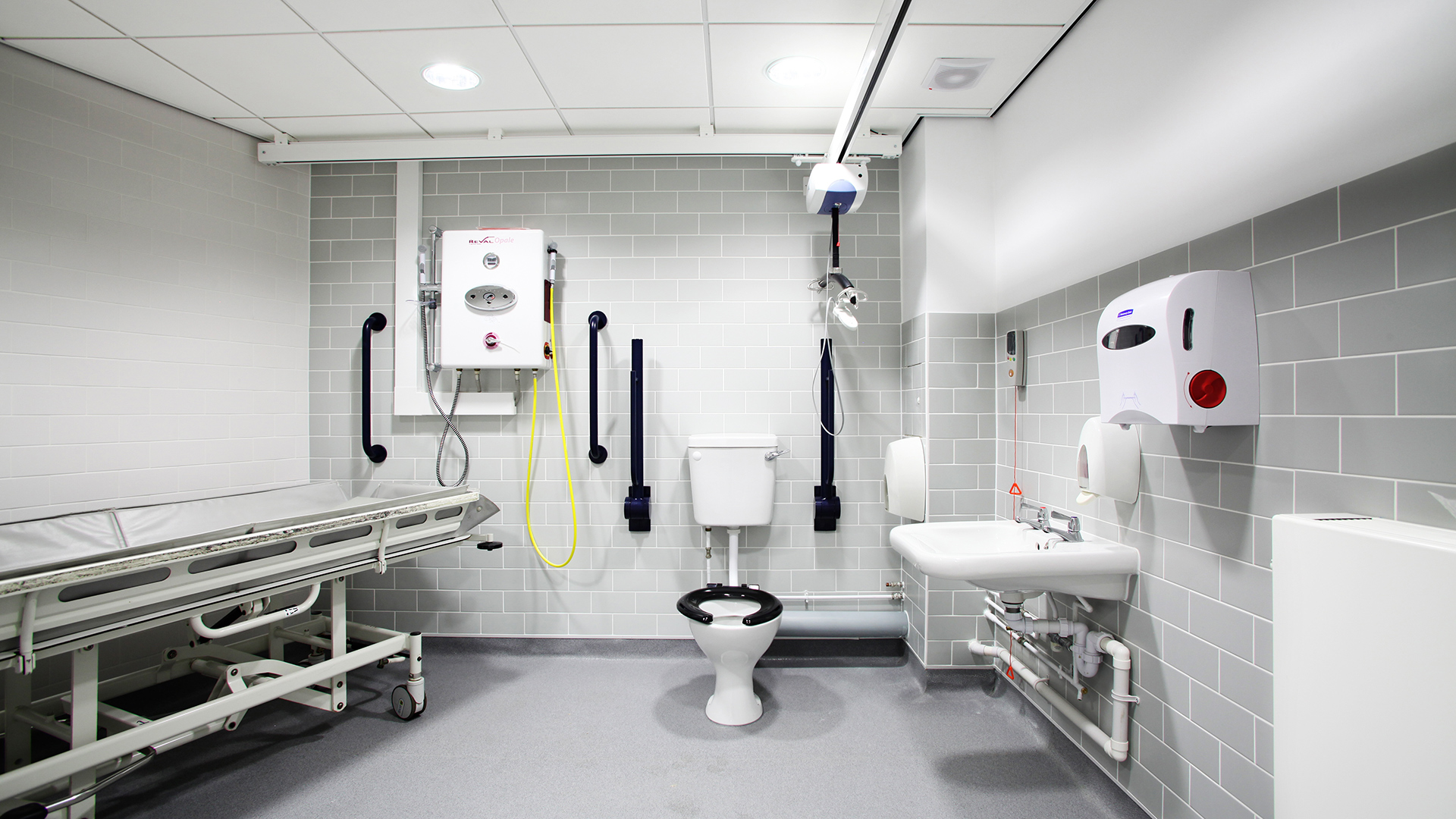 interior accessible toilet with grey and white tones