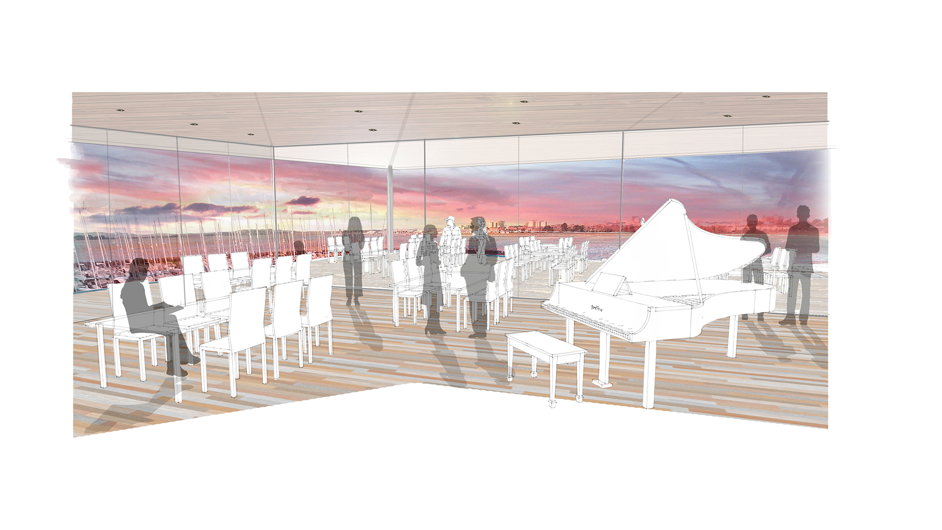 interior visual of Poole yacht club bar with piano and seating overlooking Poole harbour