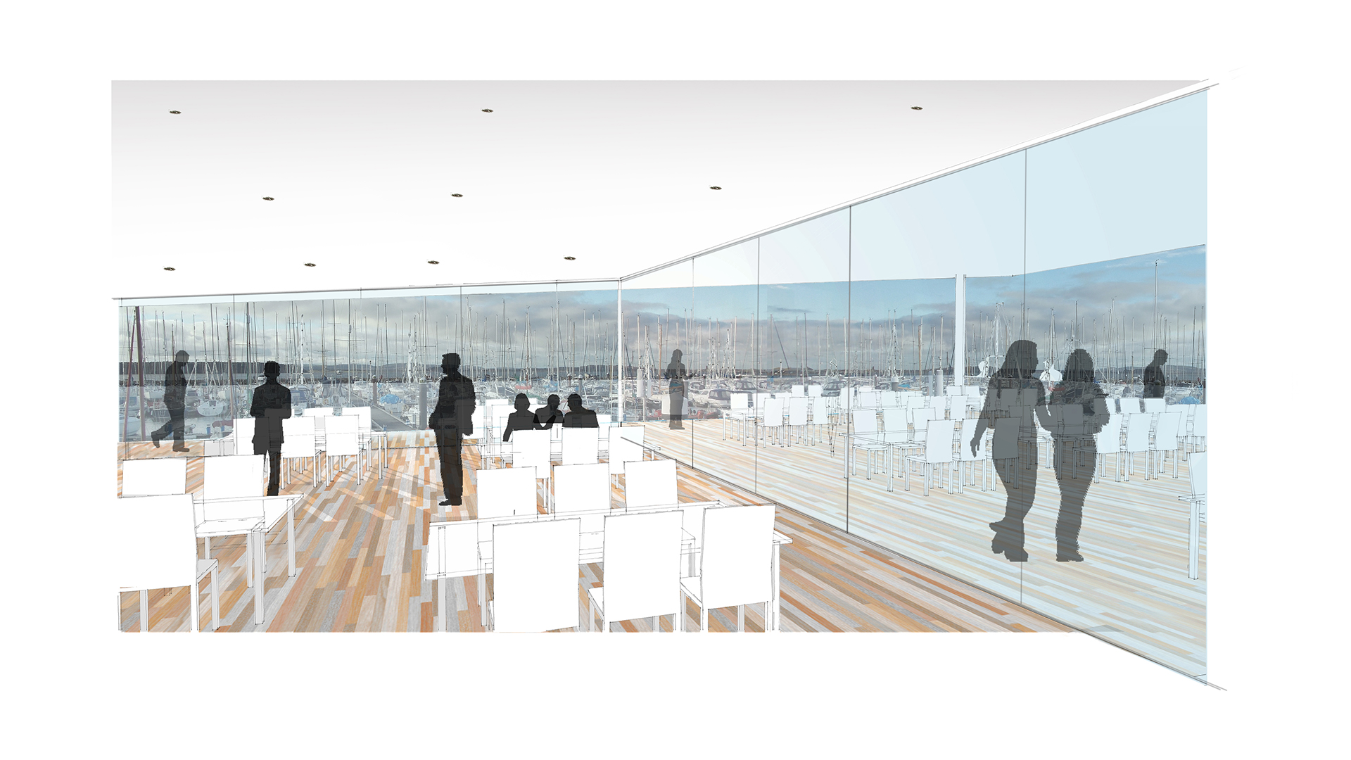 concept view of interior of building with floor to ceiling windows and beautiful view of harbour