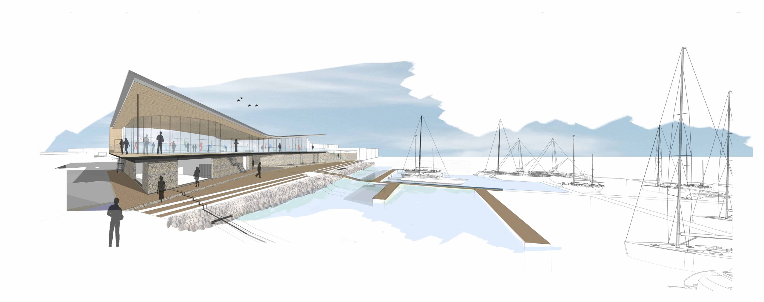 concept of main entrance to yacht club with large glass windows overlooking the jetty and harbour