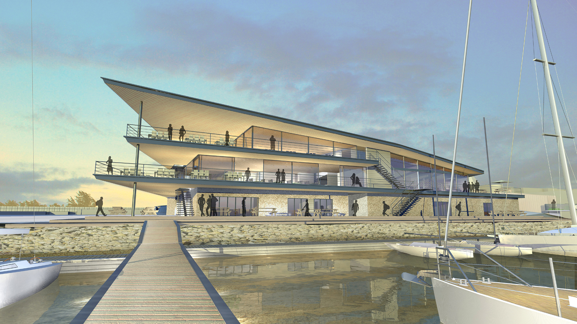 concept of yacht club from jetty with wave render