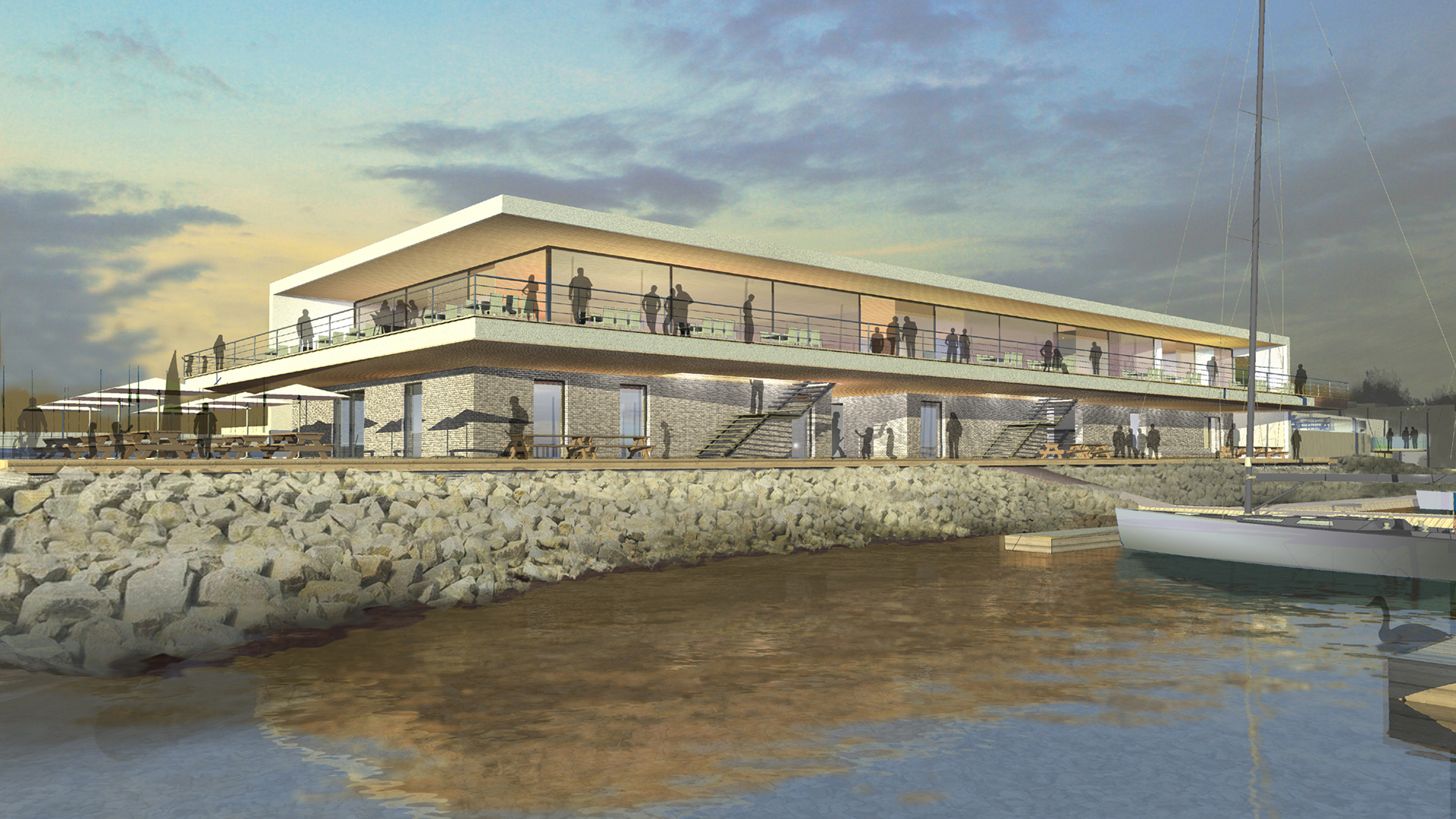 side view concept of yacht club with wrap render