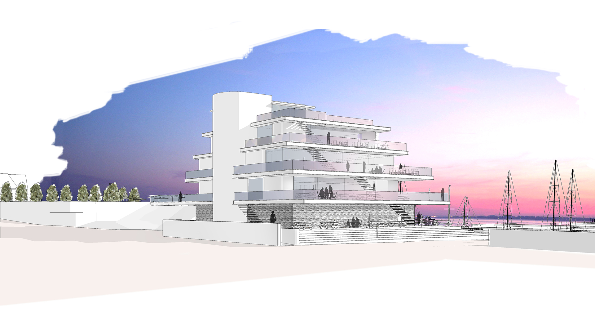 concept of yacht club side view at sunset