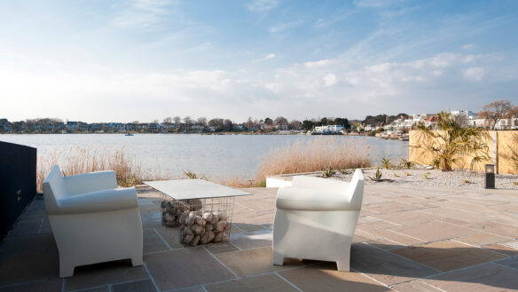 rear garden patio and seating area with beautiful views across the harbour