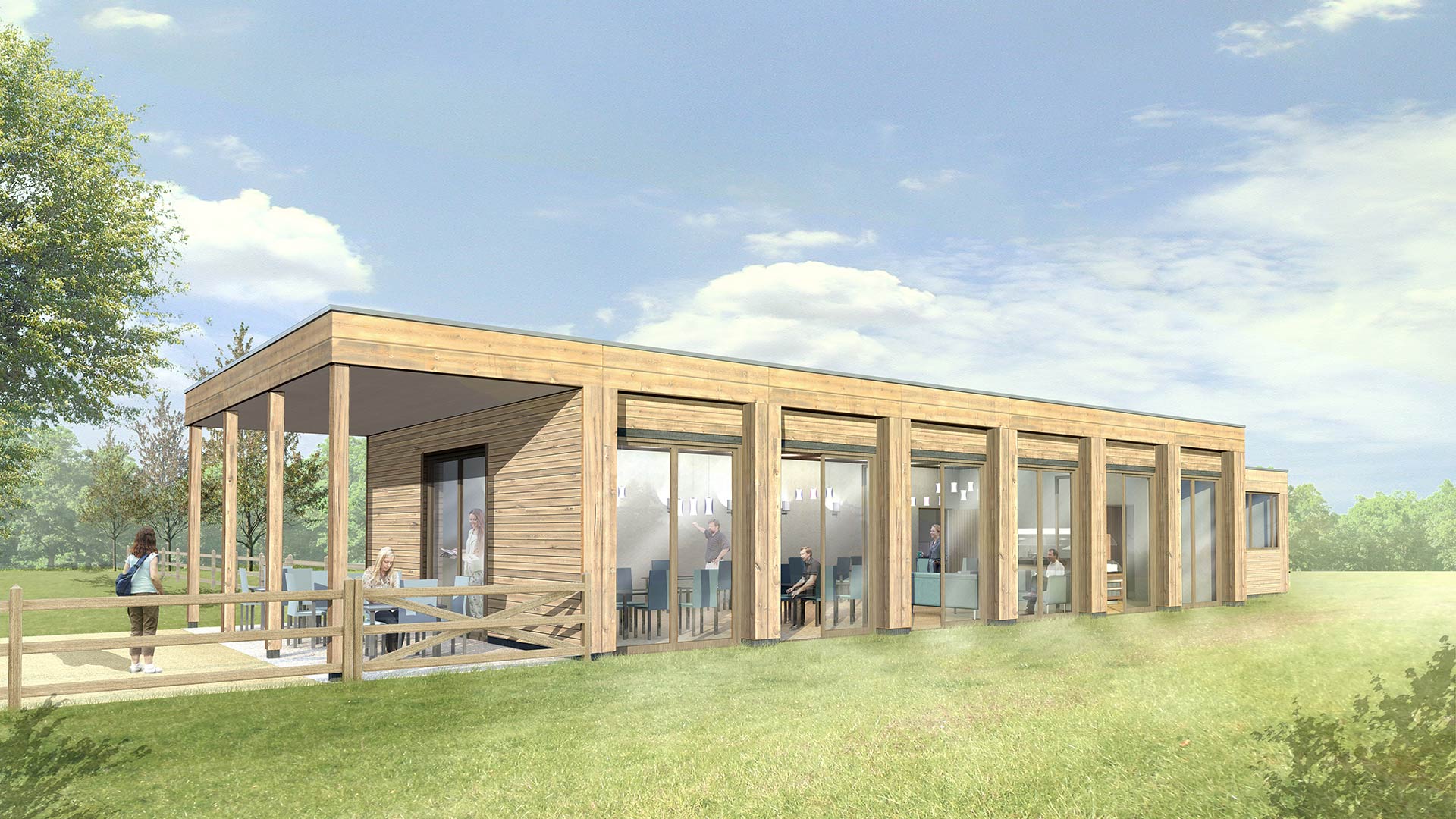 visual of extension for spinal injury centre with external wood cladding surrounded by countryside