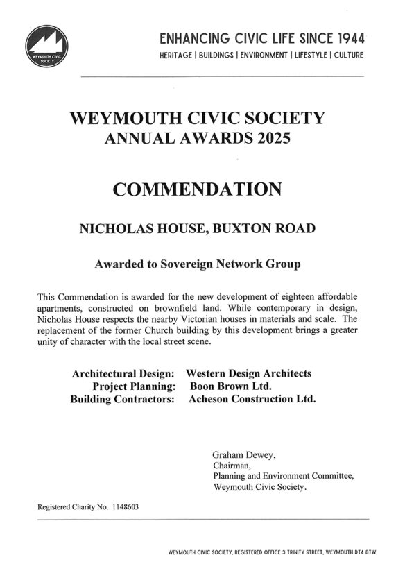 Weymouth Civic Society Commendation certificate