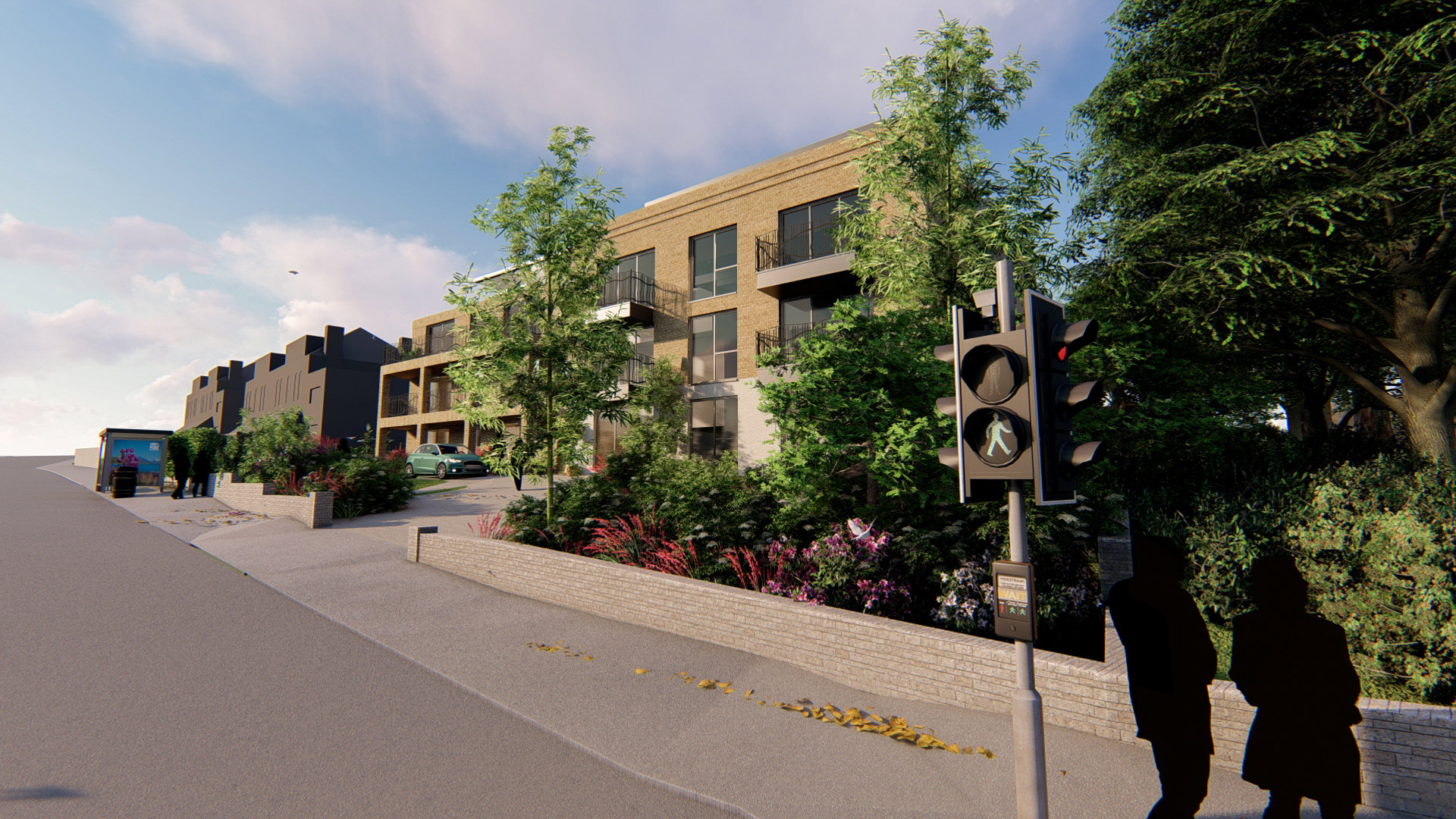 street view of proposed new flats behind foliage