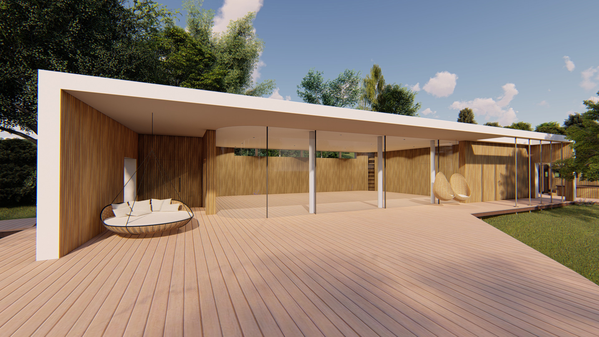 visual for new yoga studio from front of building showing large windows at front and wooded cladding surround
