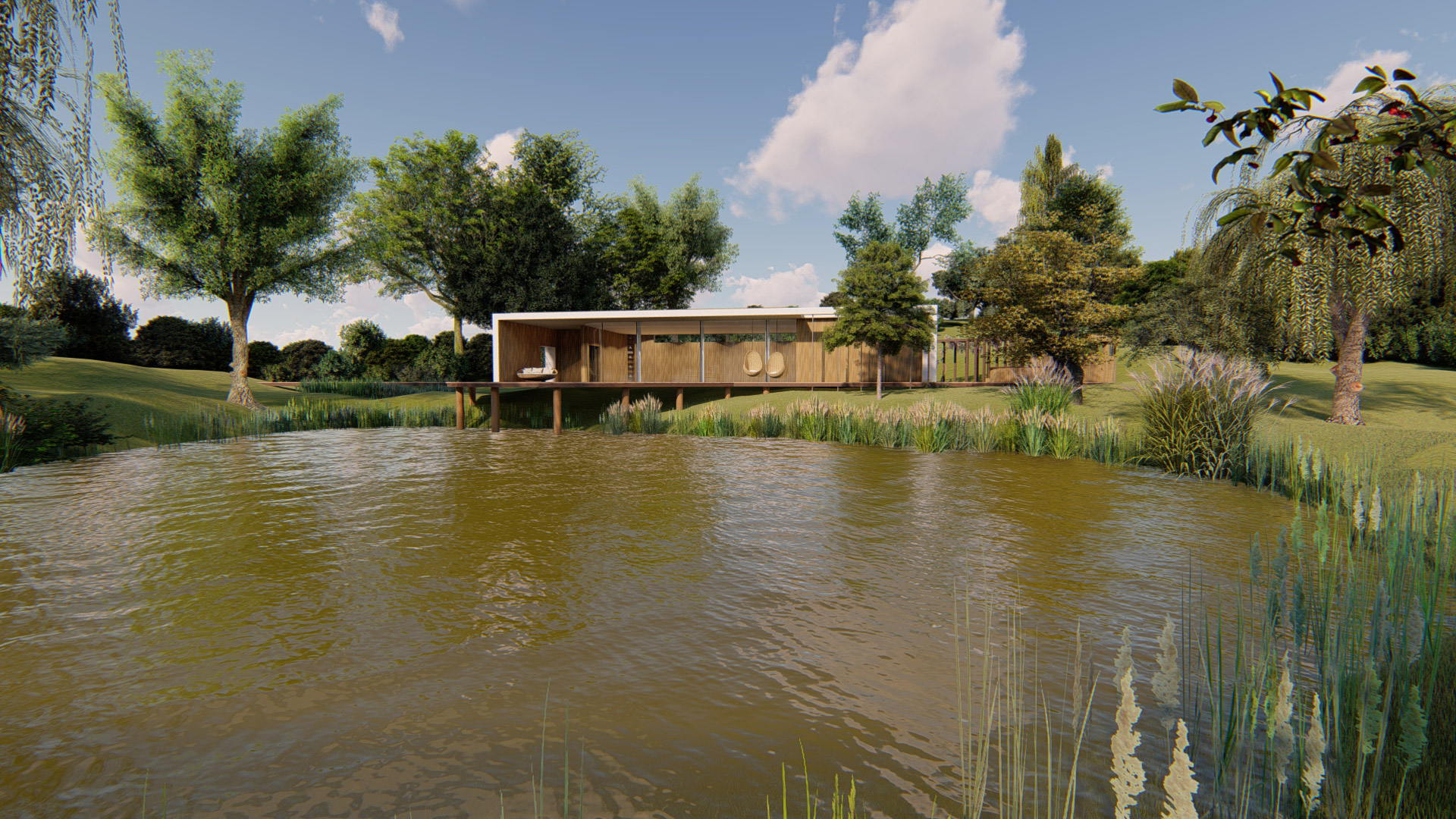 visual for a rural yoga studio with view over pond